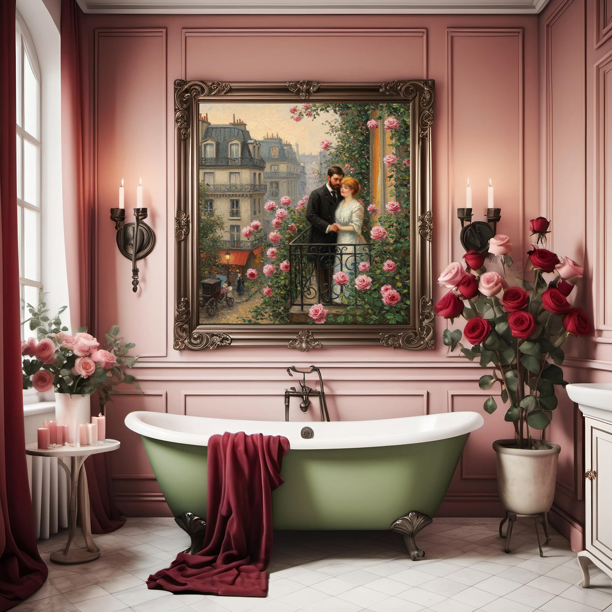 Romantic Paris Balcony Oil Painting: Vintage French Lovers Wall Art Digital Download (Printable)