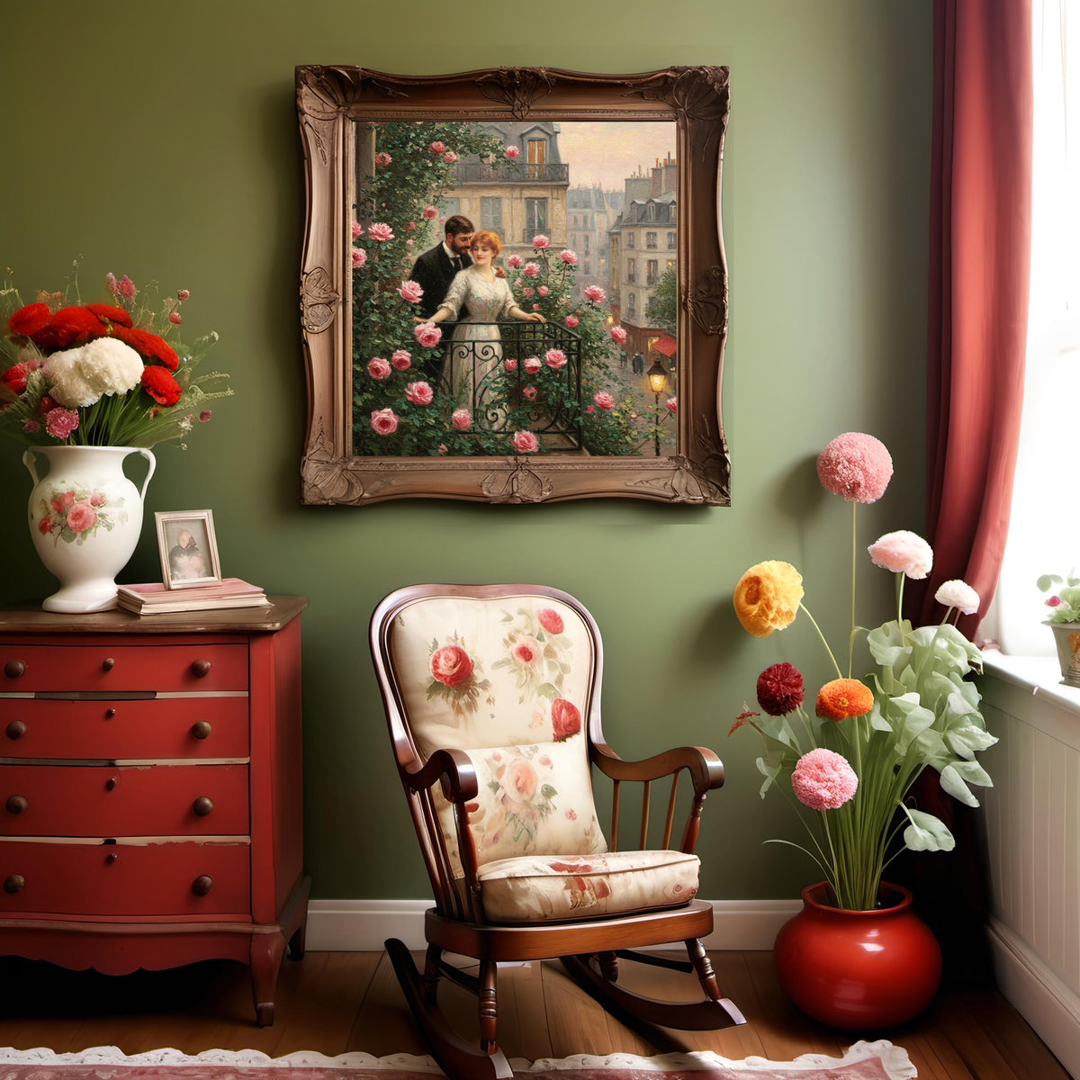Parisian Balcony Rose Garden Painting: Vintage Romance Art (Digital Download)