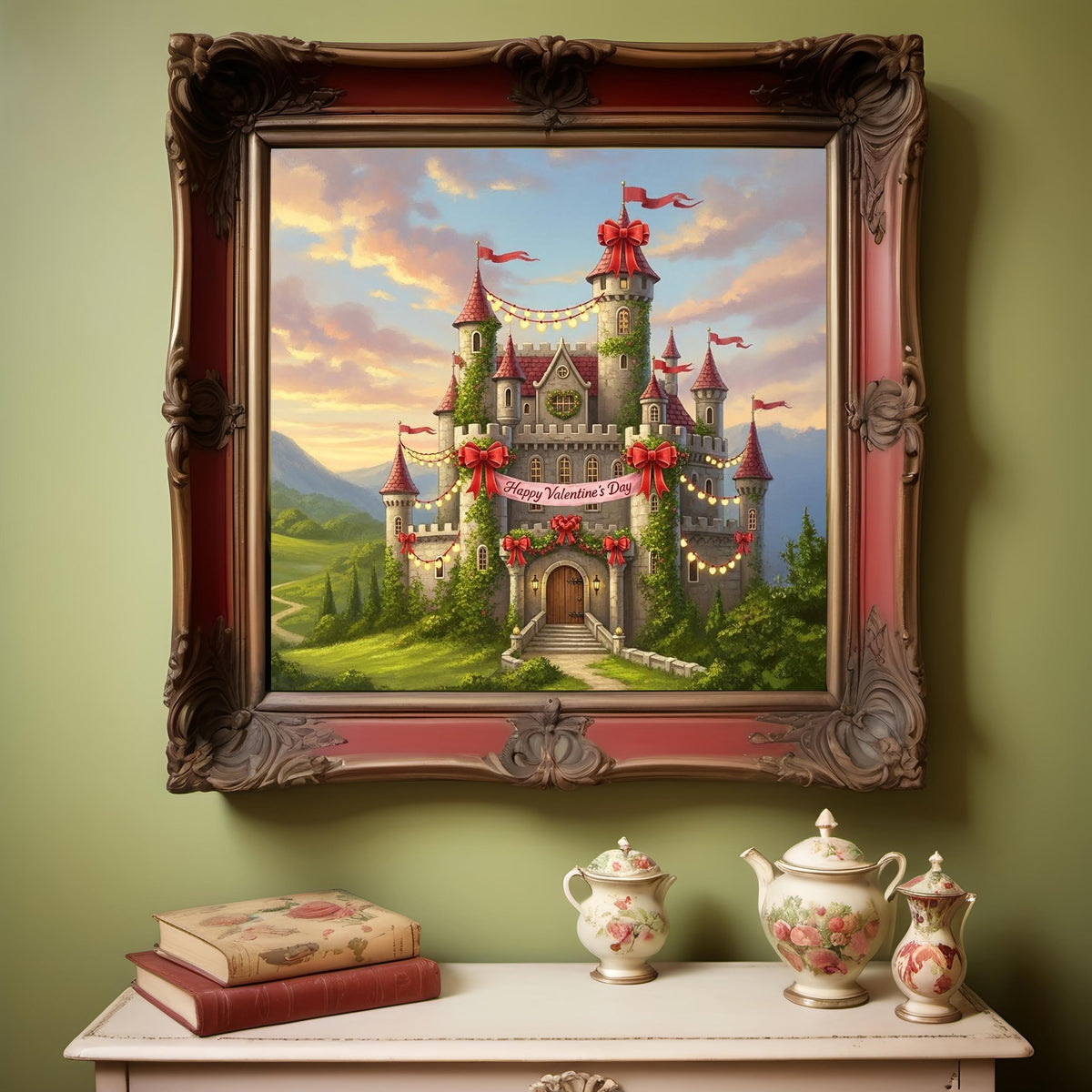 Valentine's Day Castle Art Print: Whimsical Storybook Oil Painting (Digital Download)