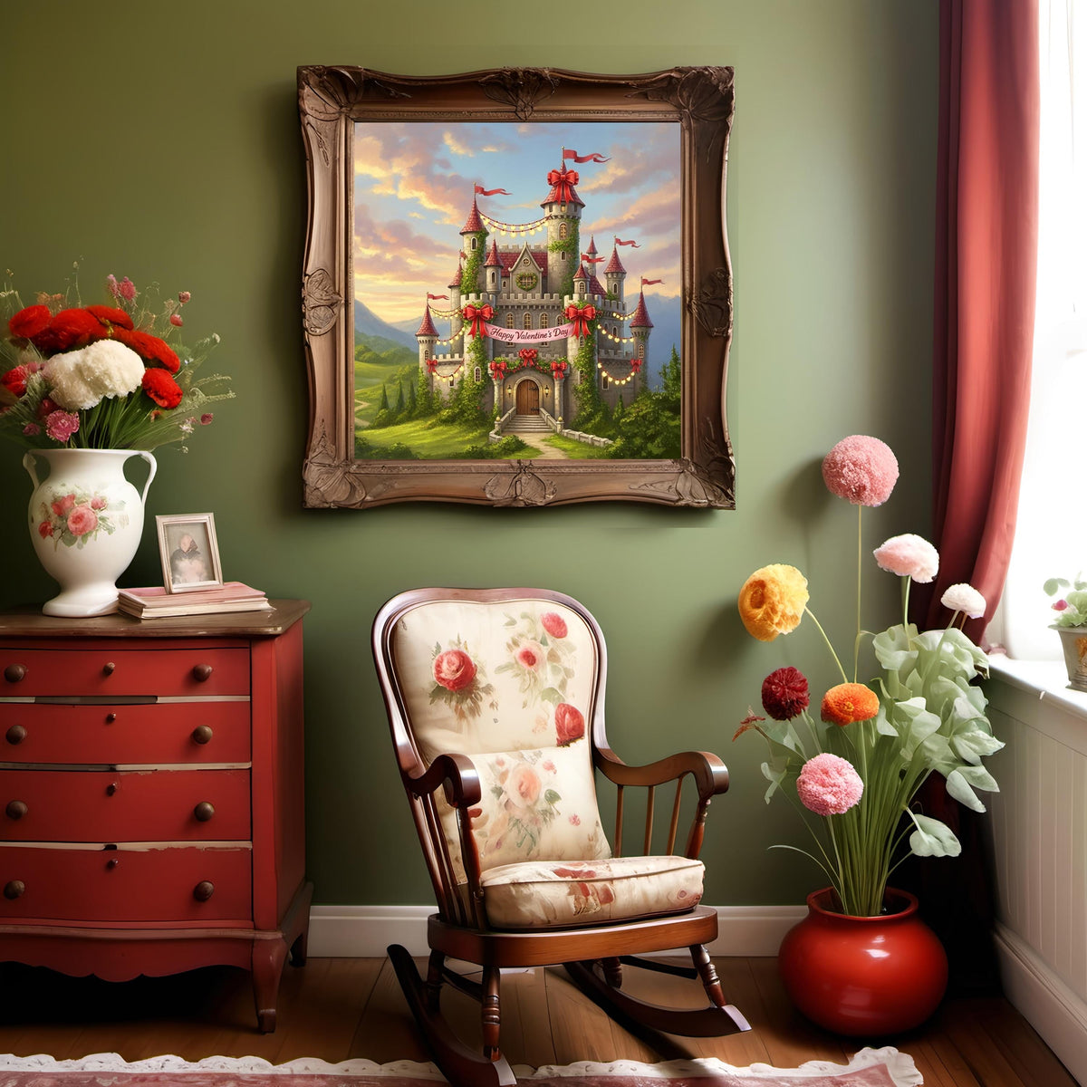 Valentine's Day Castle Art Print: Whimsical Storybook Oil Painting (Digital Download)