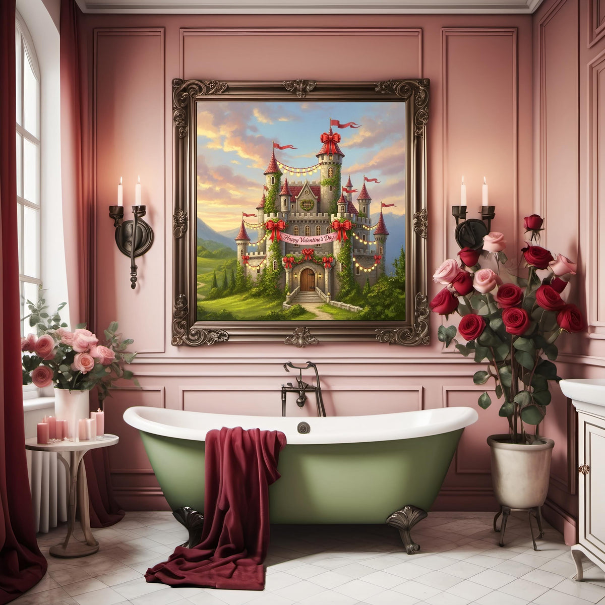 Valentine's Day Castle Art Print: Whimsical Storybook Oil Painting (Digital Download)