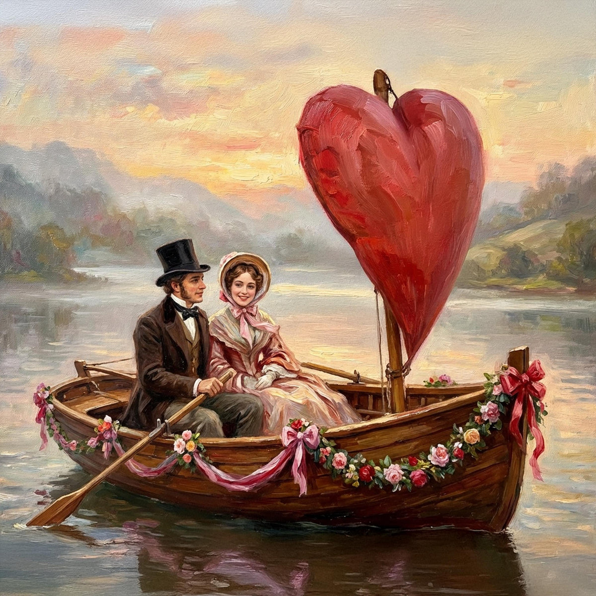 Victorian Couple Art Print: Romantic Boat Ride, Valentine's Day (Digital Download)