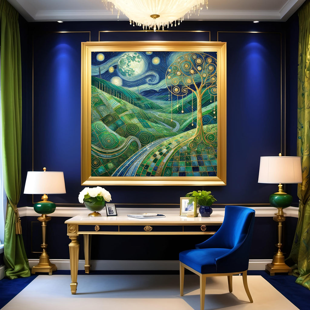 Emerald Moon Valley Landscape Print: Klimt Inspired Night Irish Wall Art Digital Art Download