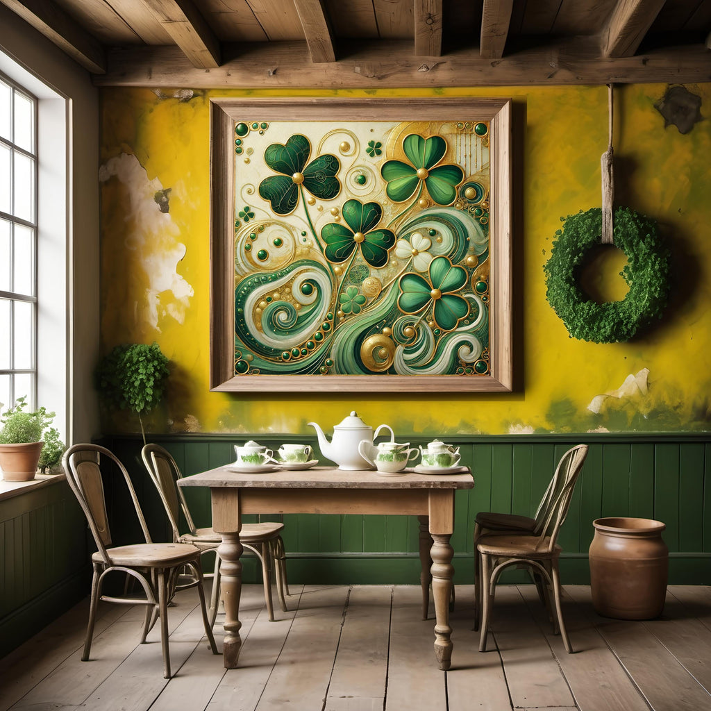 Emerald Shamrock Flow Print: Klimt Inspired Irish Wall Art Green Gold Digital Art Download