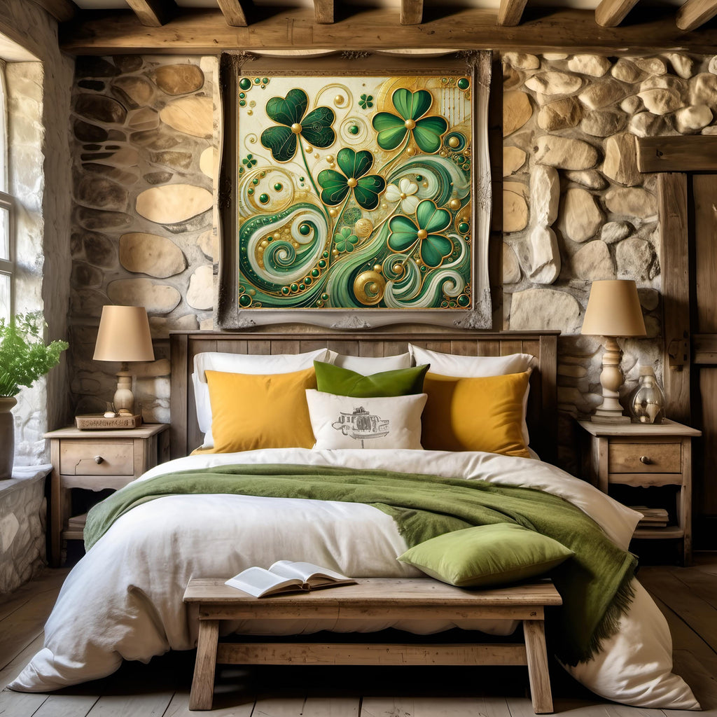Emerald Shamrock Flow Print: Klimt Inspired Irish Wall Art Green Gold Digital Art Download