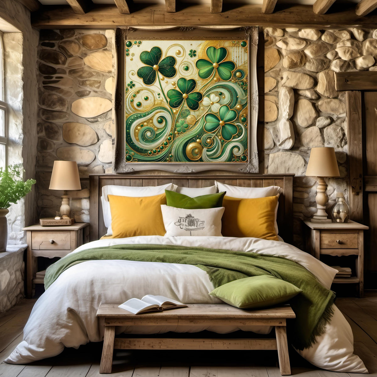 Emerald Shamrock Flow Print: Klimt Inspired Irish Wall Art Green Gold Digital Art Download