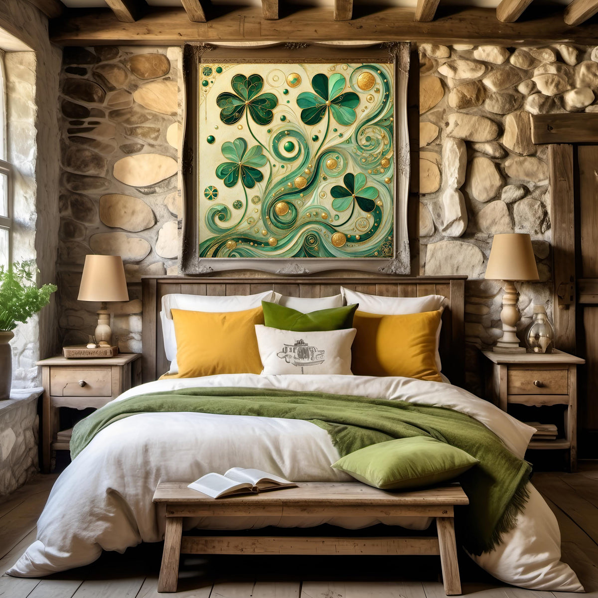 Golden Shamrock Abstraction Print: Klimt Inspired Irish Wall Art Emerald Green Digital Art Download