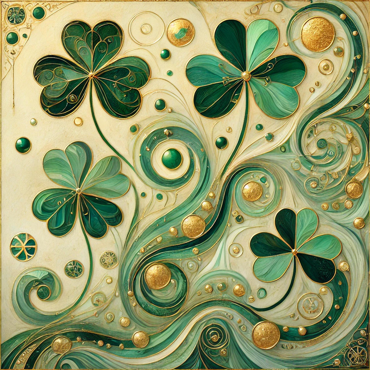 Golden Shamrock Abstraction Print: Klimt Inspired Irish Wall Art Emerald Green Digital Art Download