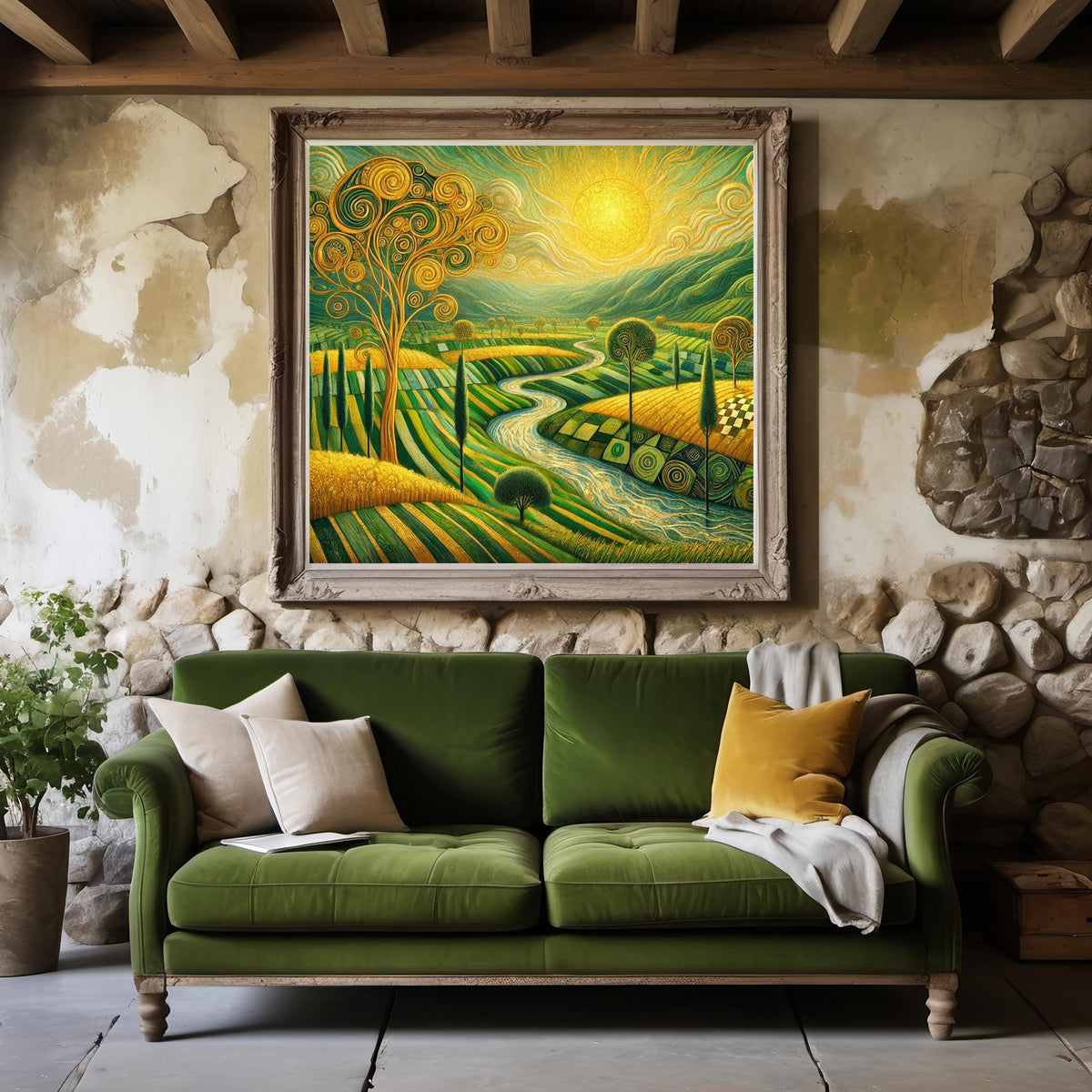 Golden Irish Valley Landscape Print: Klimt Inspired Green Countryside Wall Art Digital Art Download