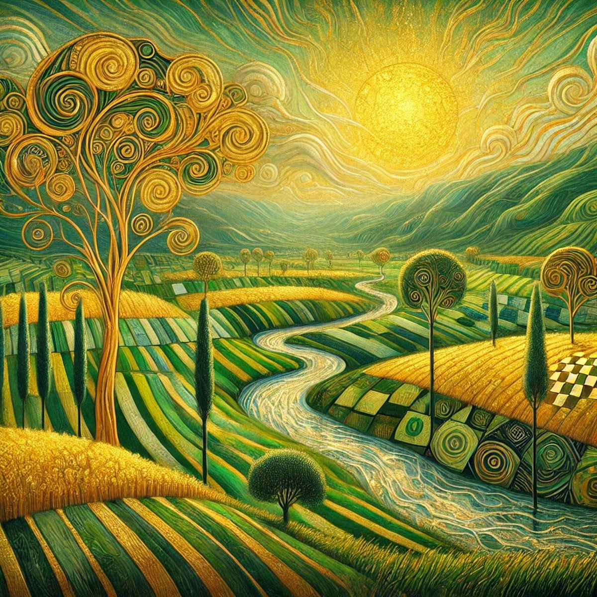 Golden Irish Valley Landscape Print: Klimt Inspired Green Countryside Wall Art Digital Art Download