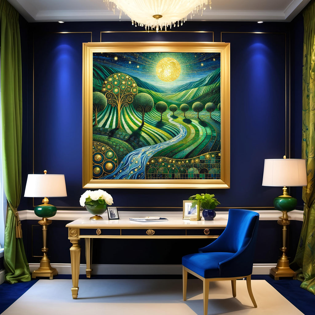 Golden Moon Valley Landscape Print: Klimt Inspired Irish Night Wall Art Digital Art Download