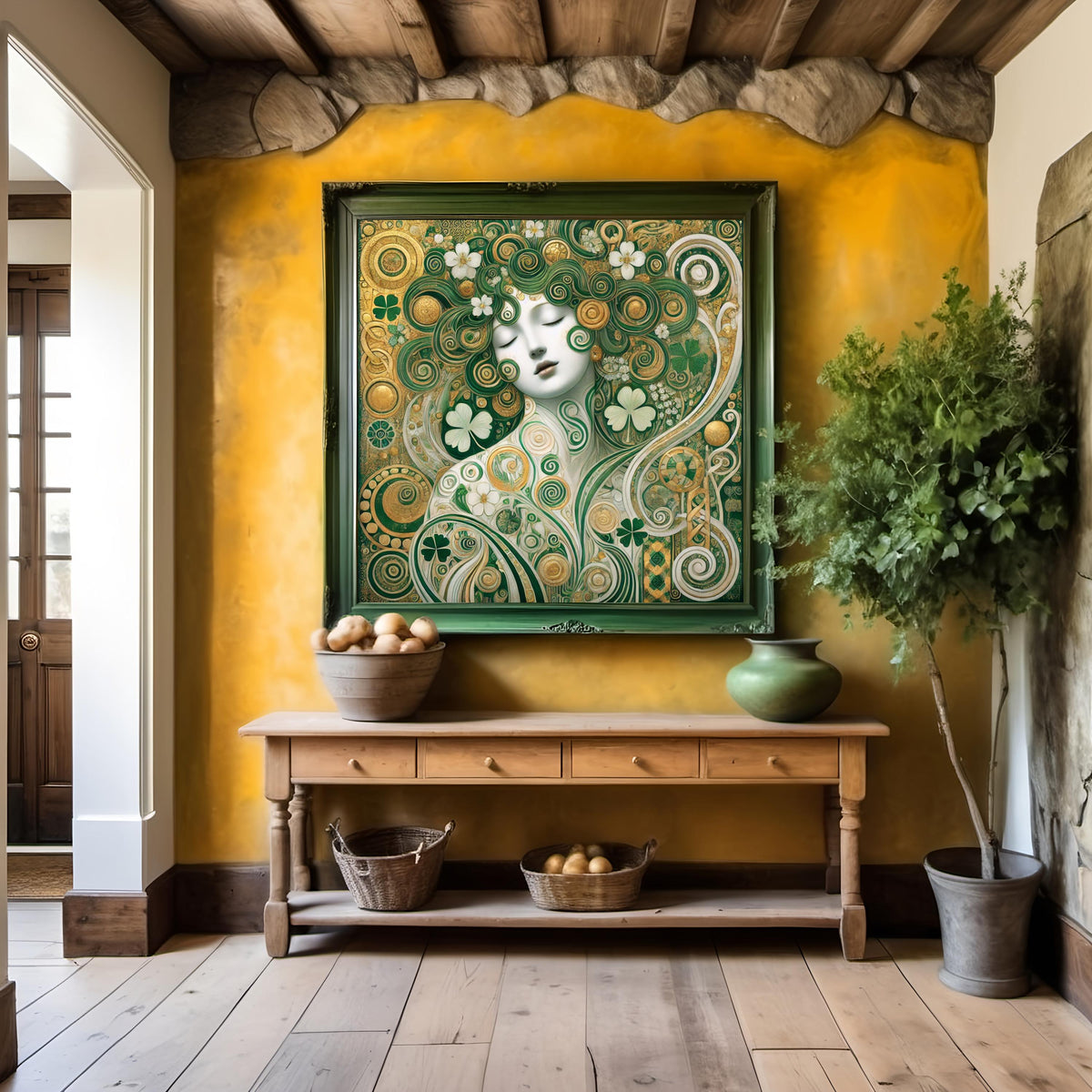 Emerald Irish Goddess Print: Klimt Inspired Celtic Woman Green Gold Digital Art Download