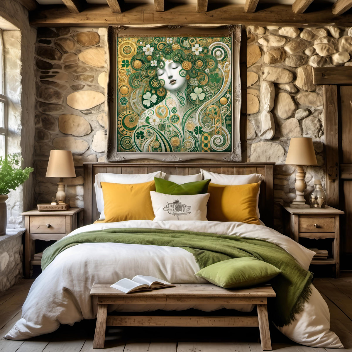 Emerald Irish Goddess Print: Klimt Inspired Celtic Woman Green Gold Digital Art Download