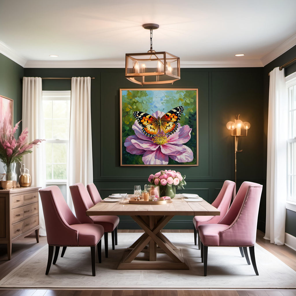 Painted Lady Butterfly Oil Painting, Pink Flower Art (Digital Download)