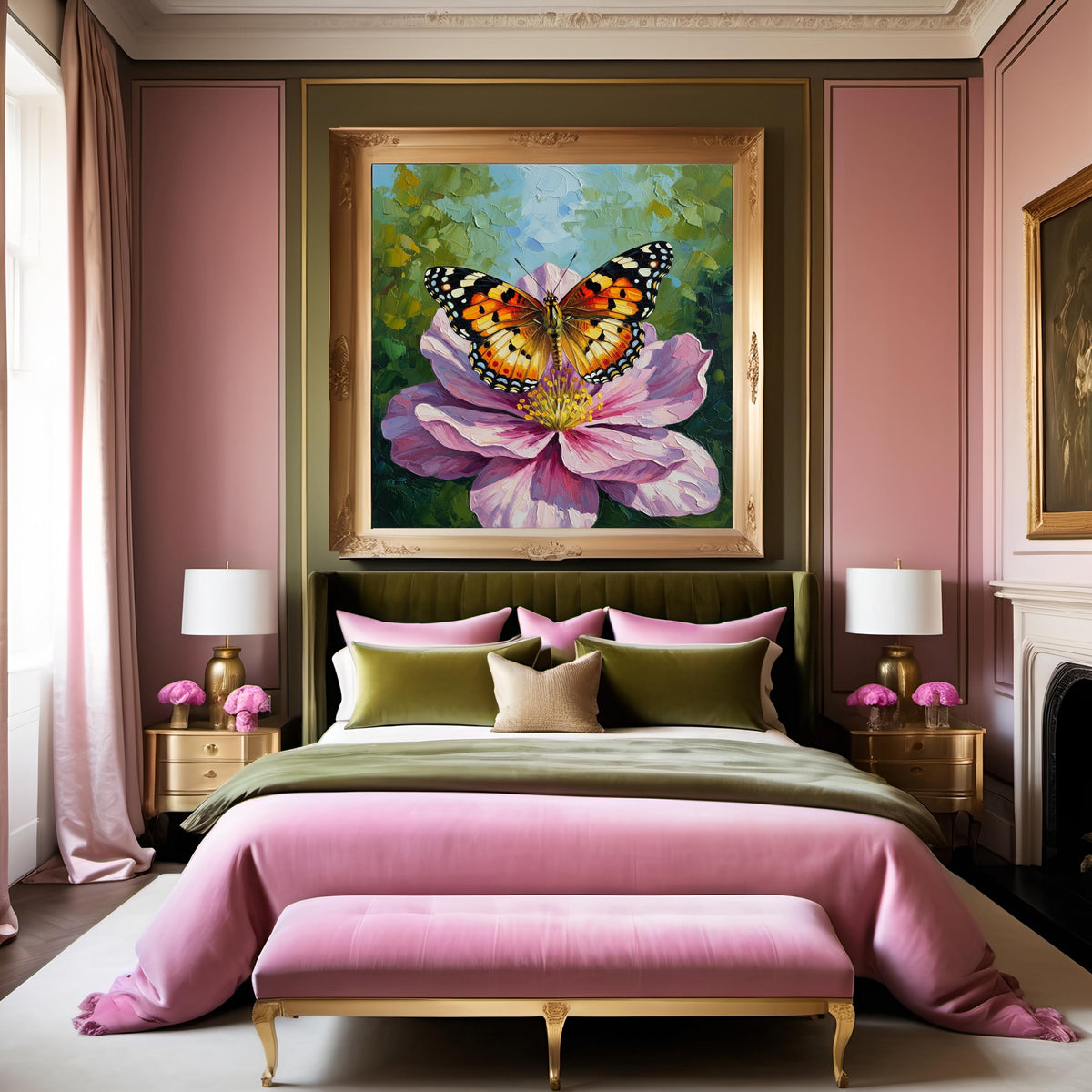 Painted Lady Butterfly Oil Painting, Pink Flower Art (Digital Download)