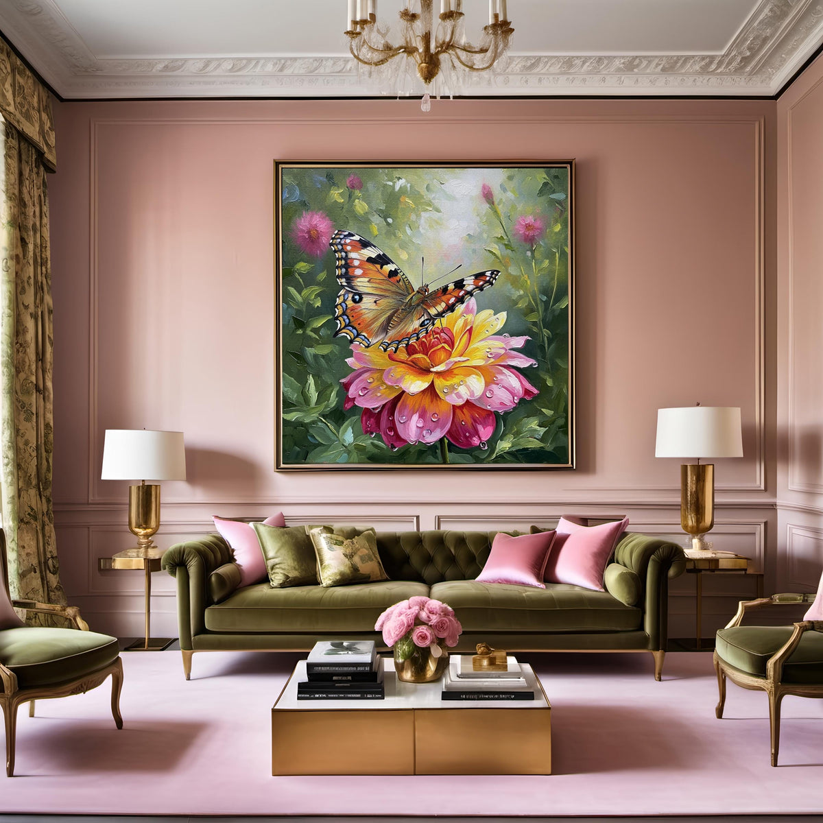 Butterfly Dahlia Oil Painting, Dew Kissed Floral Art (Digital Download)