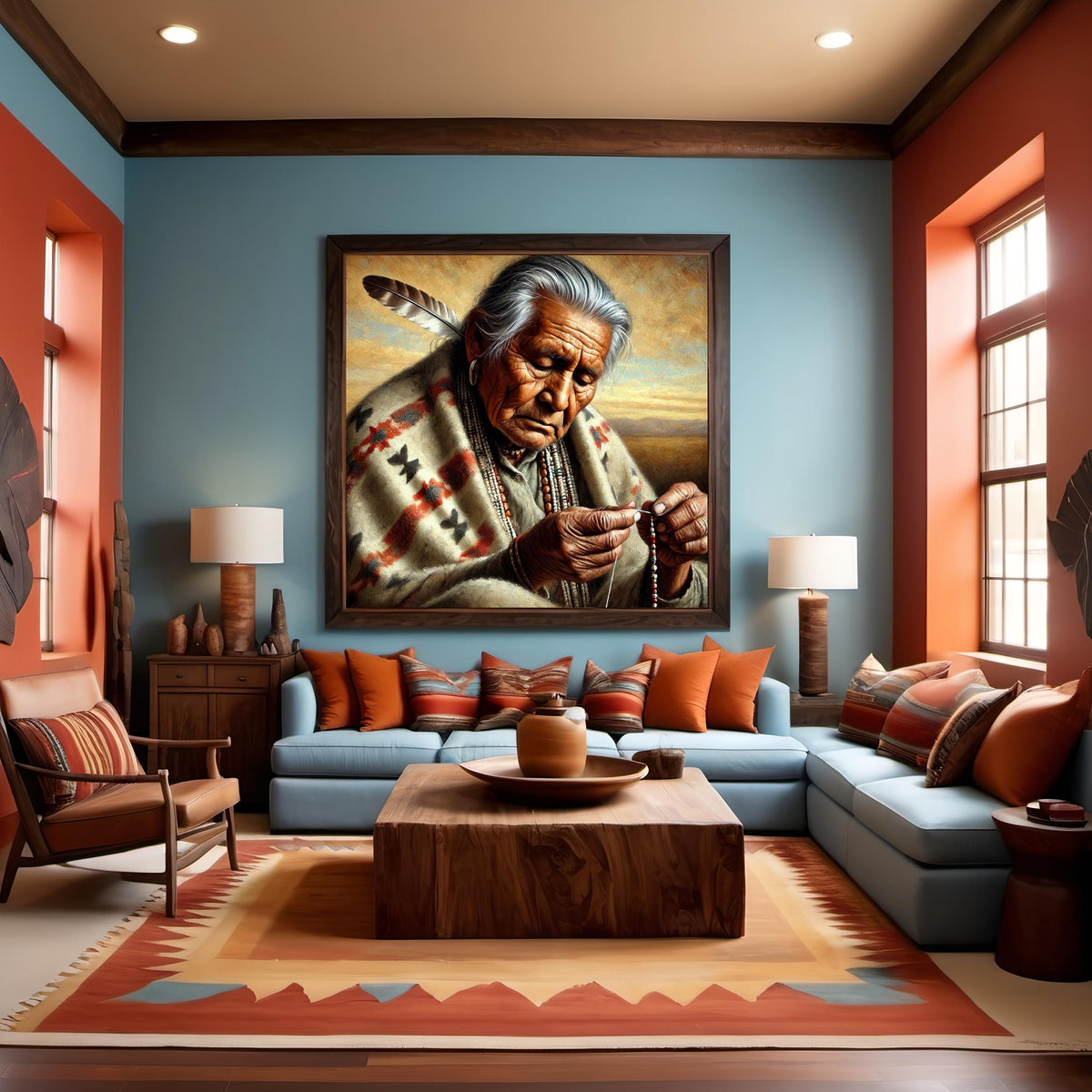 Indigenous Elder Beading Portrait Print: Native American Artisan Oil Painting Cultural Wall Art (Digital Download)