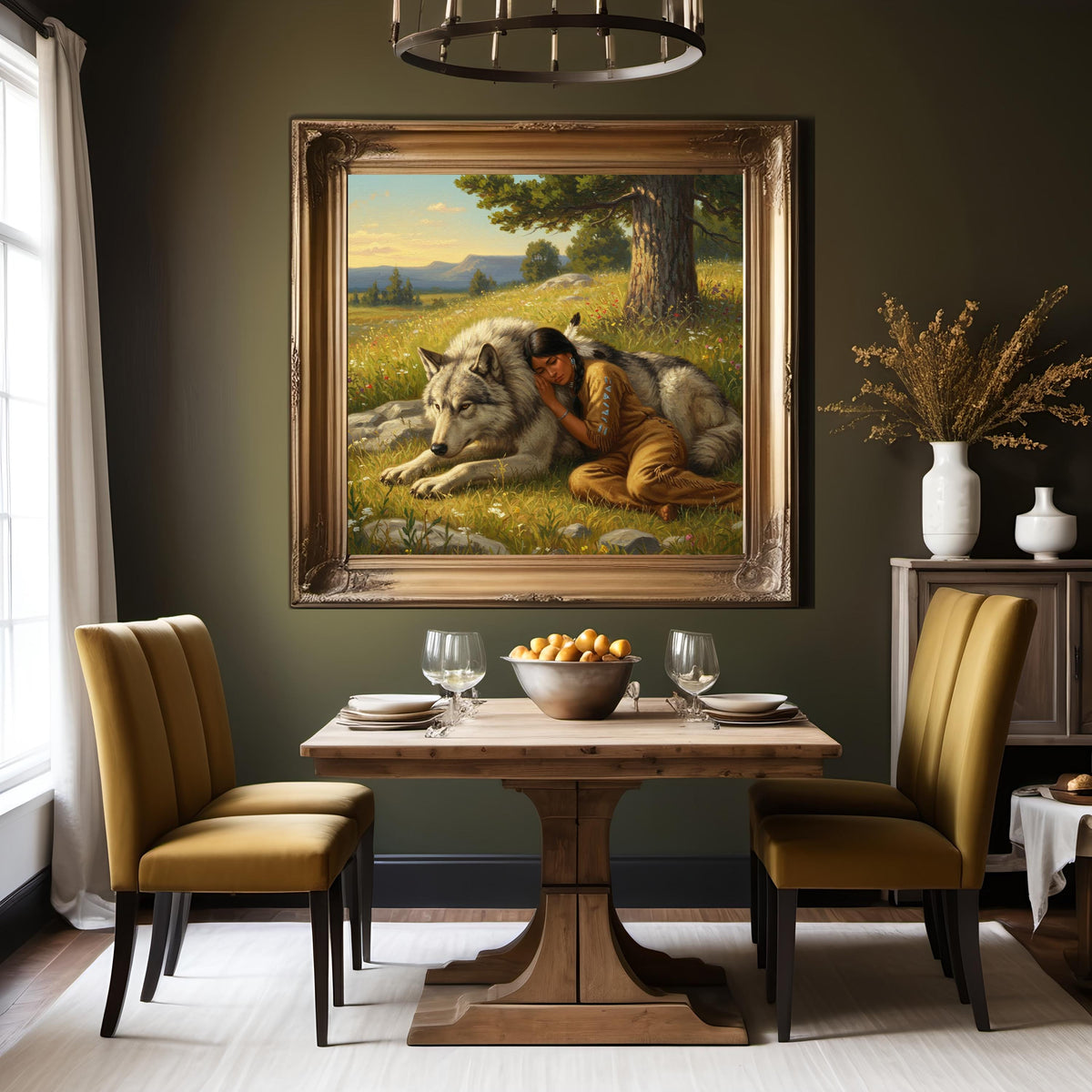 Indigenous Woman and Wolf Oil Painting Digital Art Native American Spiritual Wall Art (Printable Download)