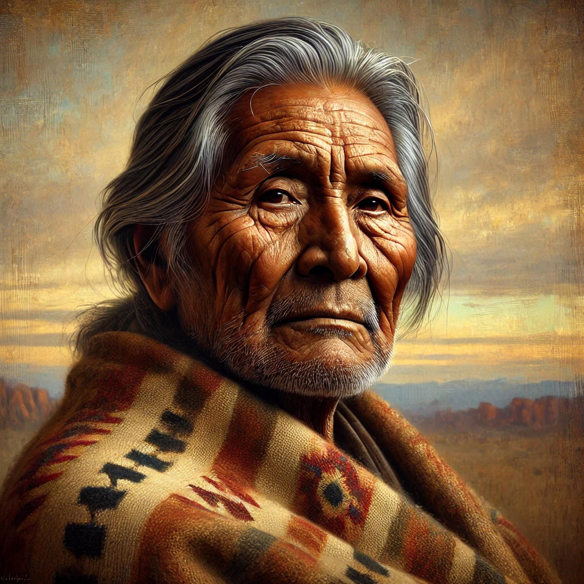 Indigenous Elder Portrait Print: Native American Wisdom Oil Painting Vintage Home Decor (Digital Download)