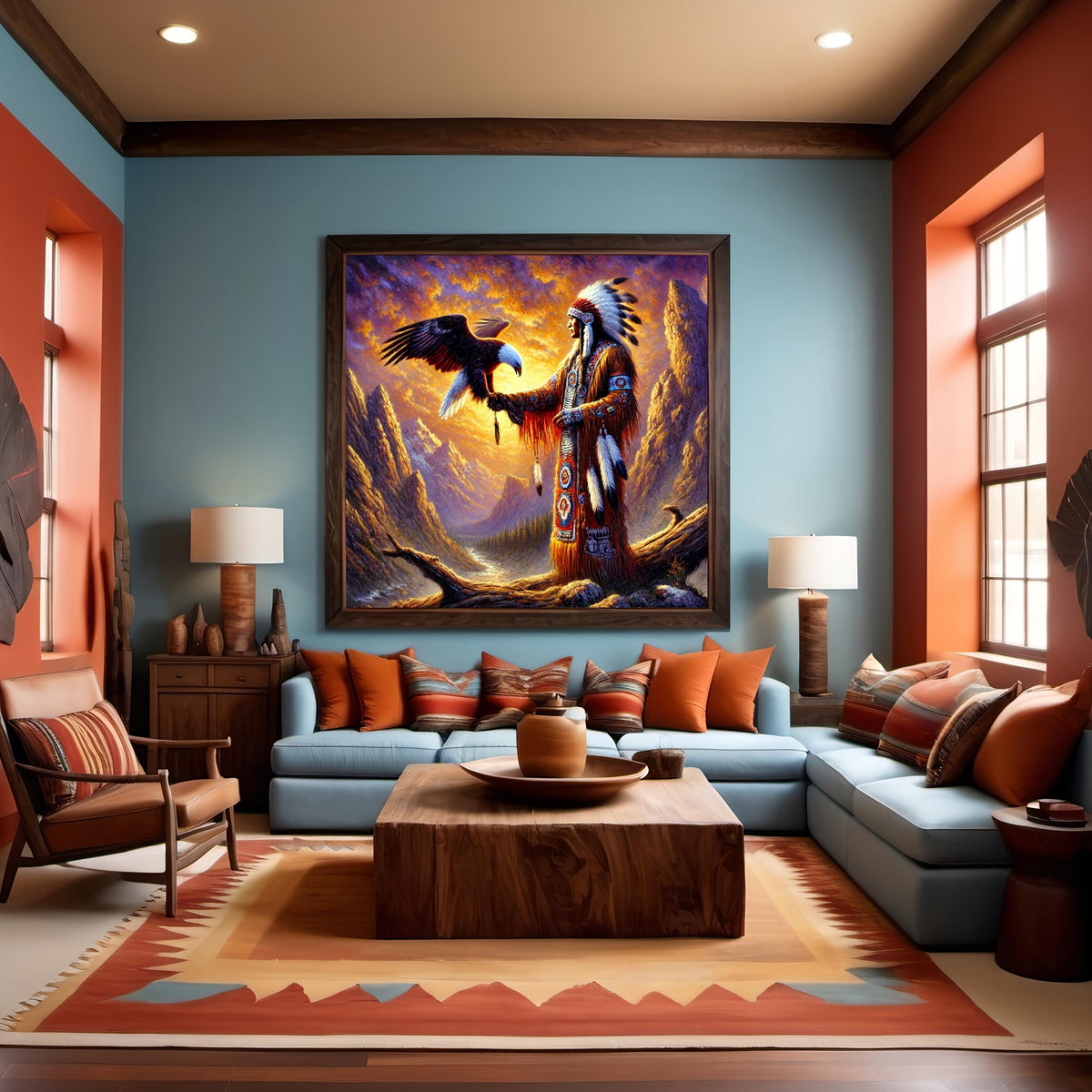 Native American Elder with Eagle Oil Painting: Spiritual Warrior Vintage Home Decor Digital Art Download