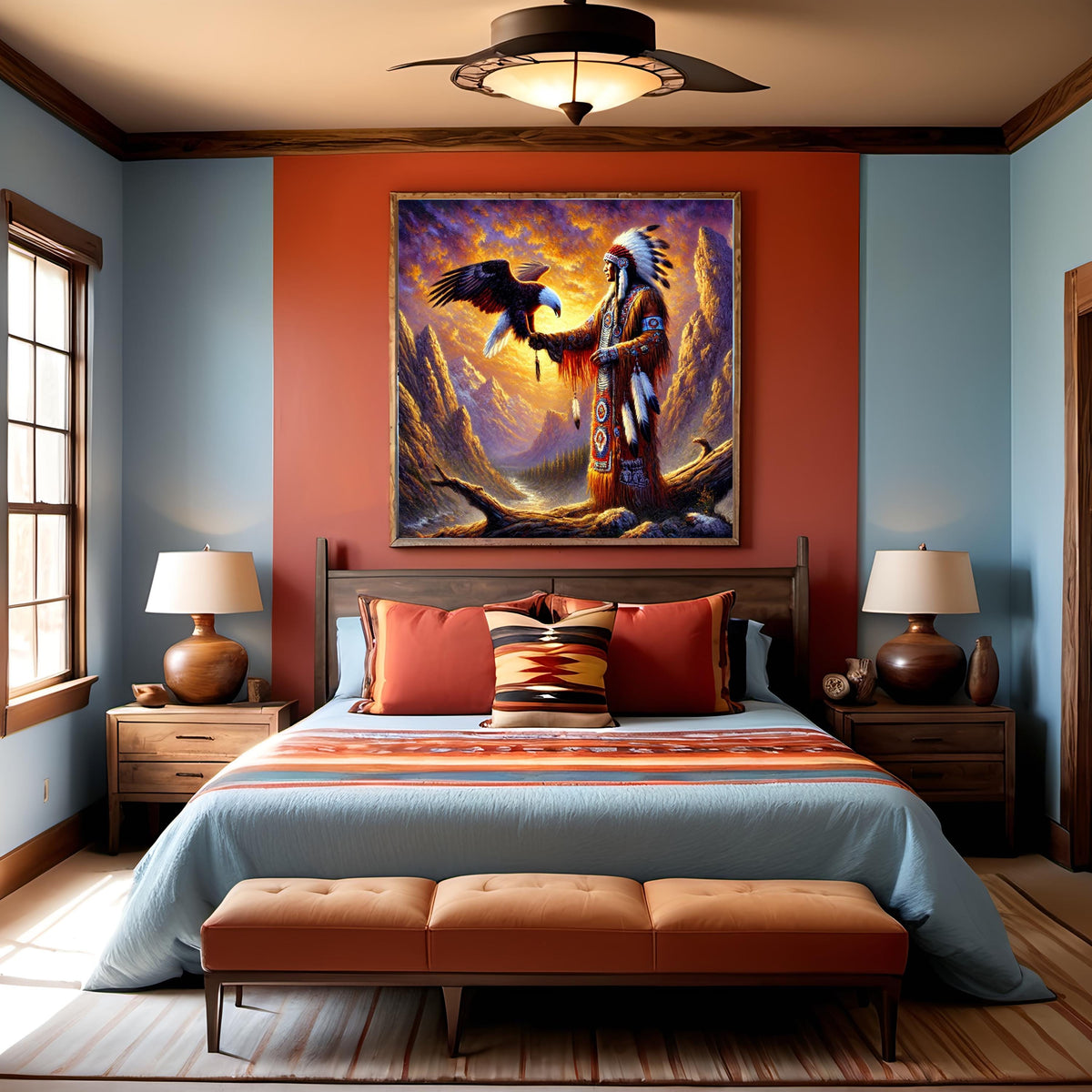 Native American Elder with Eagle Oil Painting: Spiritual Warrior Vintage Home Decor Digital Art Download