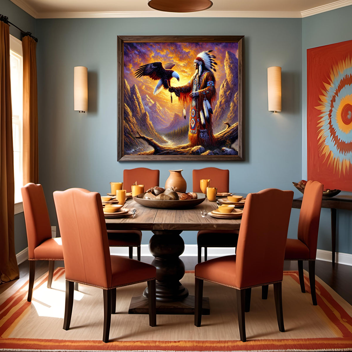Native American Elder with Eagle Oil Painting: Spiritual Warrior Vintage Home Decor Digital Art Download