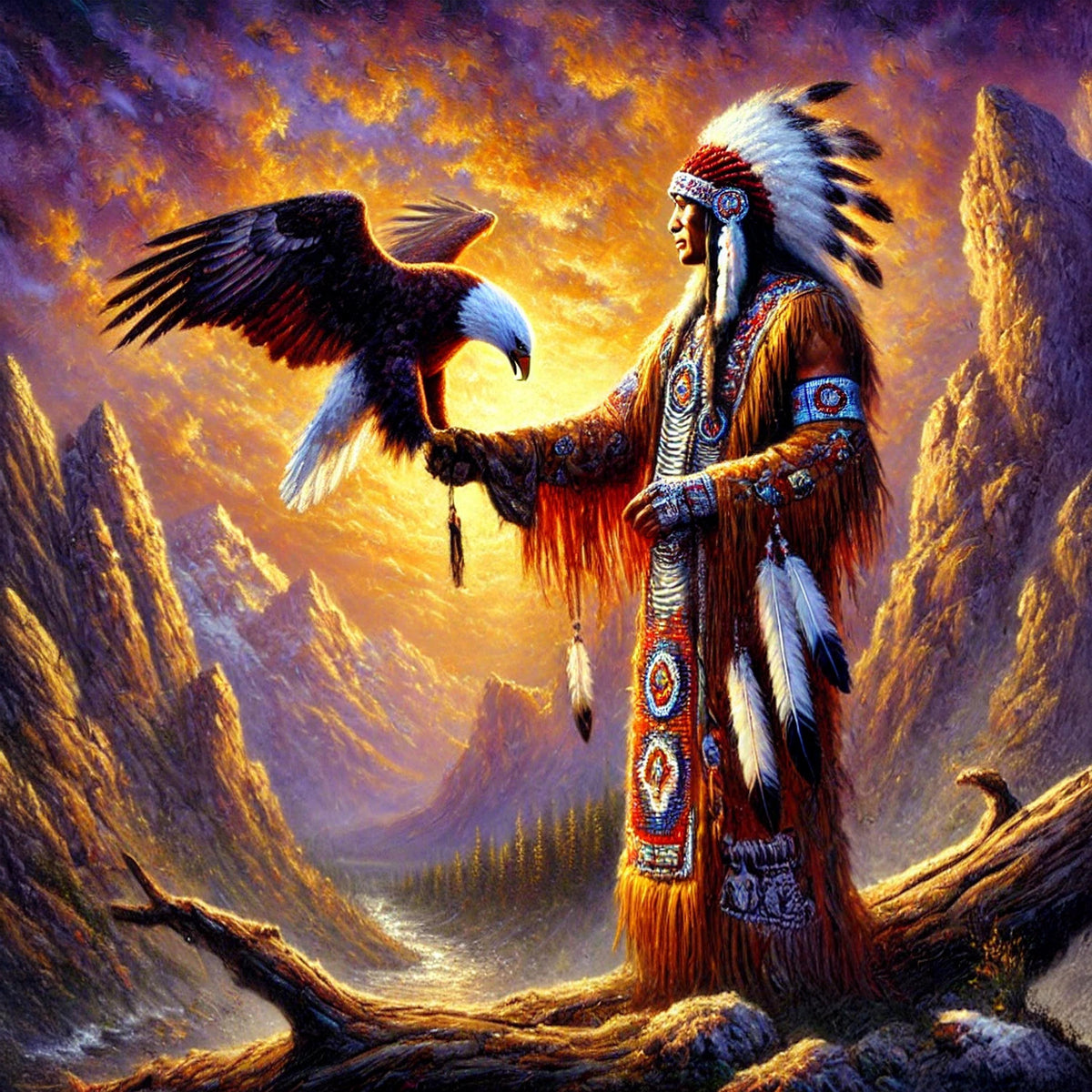 Native American Elder with Eagle Oil Painting: Spiritual Warrior Vintage Home Decor Digital Art Download