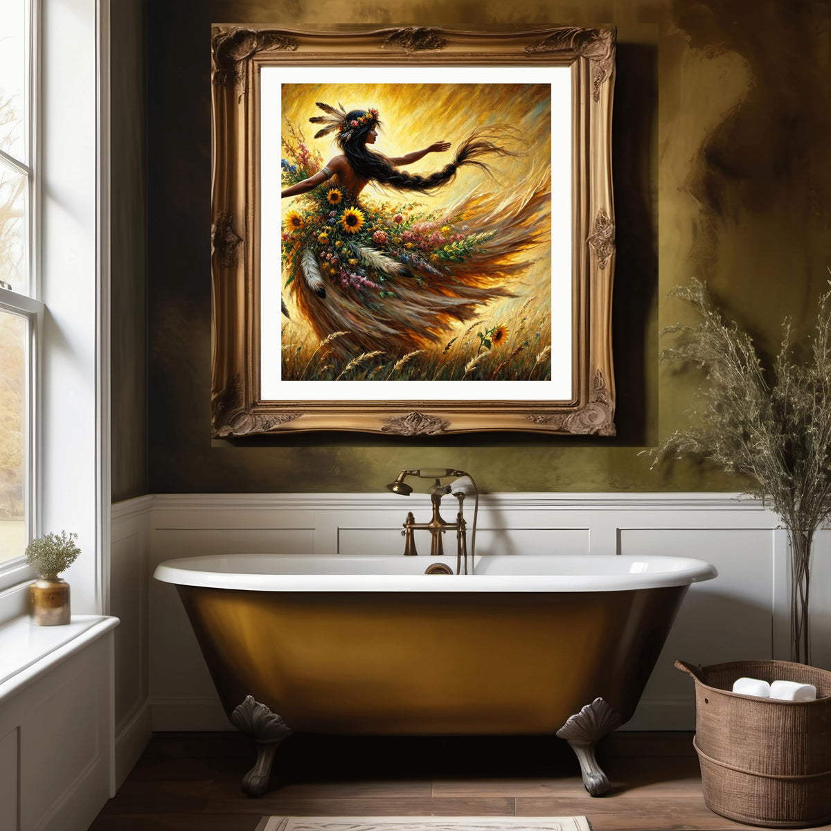 Spirit Dancer Fine Art Print: Indigenous Harvest Goddess in Golden Meadow Digital Art Download