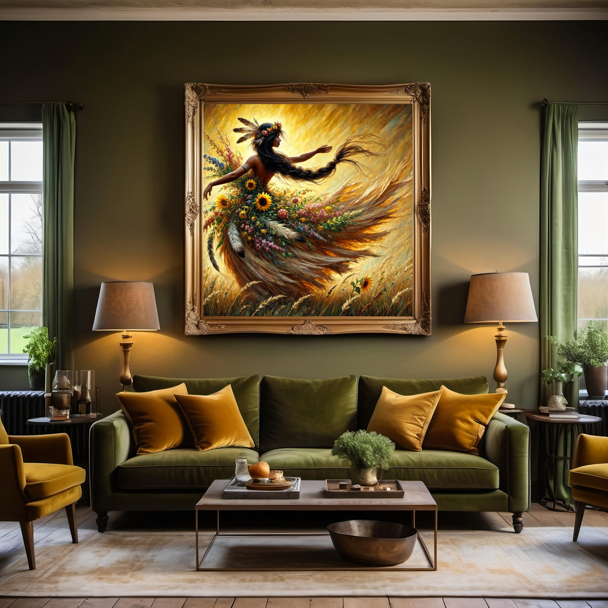 Spirit Dancer Fine Art Print: Indigenous Harvest Goddess in Golden Meadow Digital Art Download