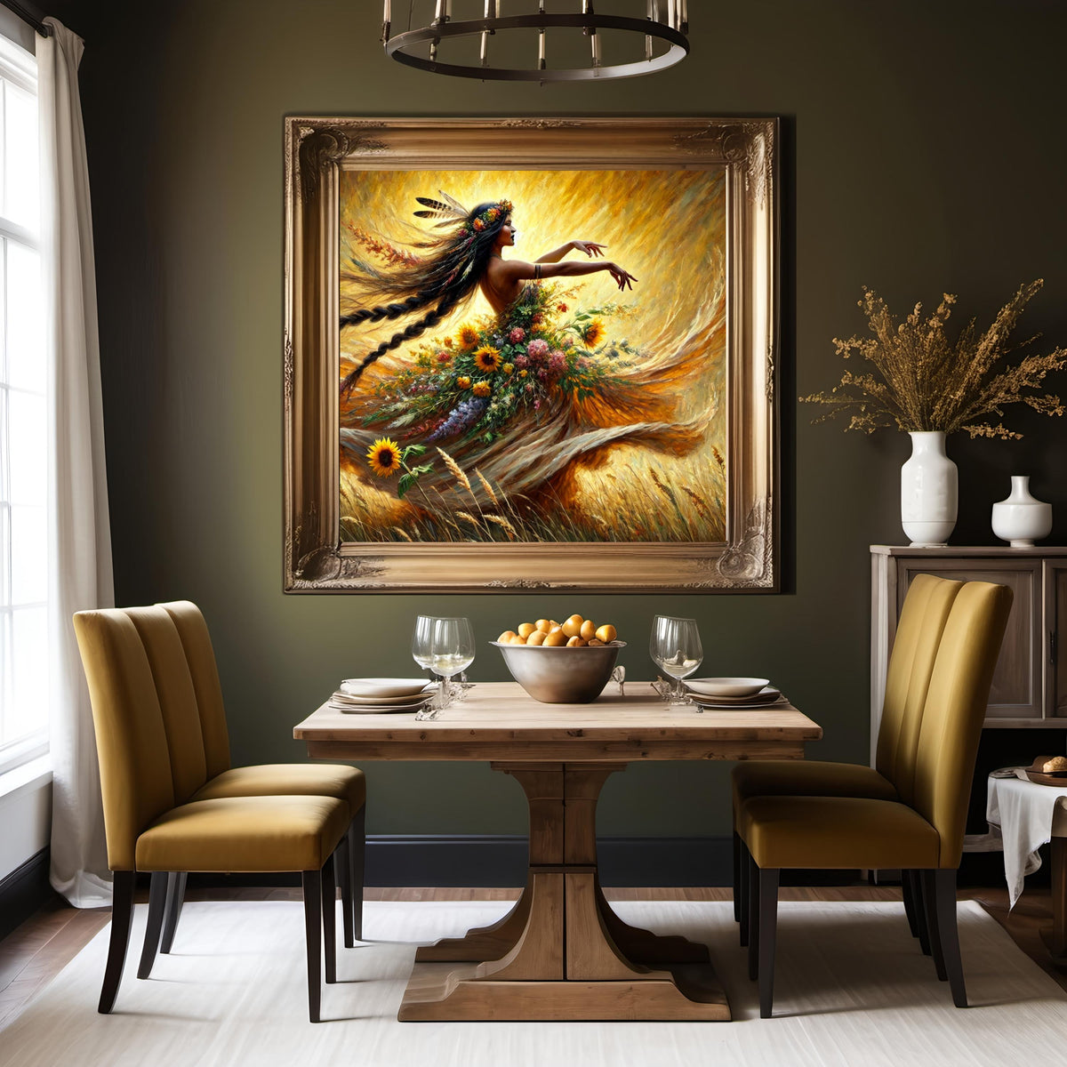 Spirit of the Harvest Art Print: Indigenous Autumn Goddess Dancing Golden Field Digital Art Download