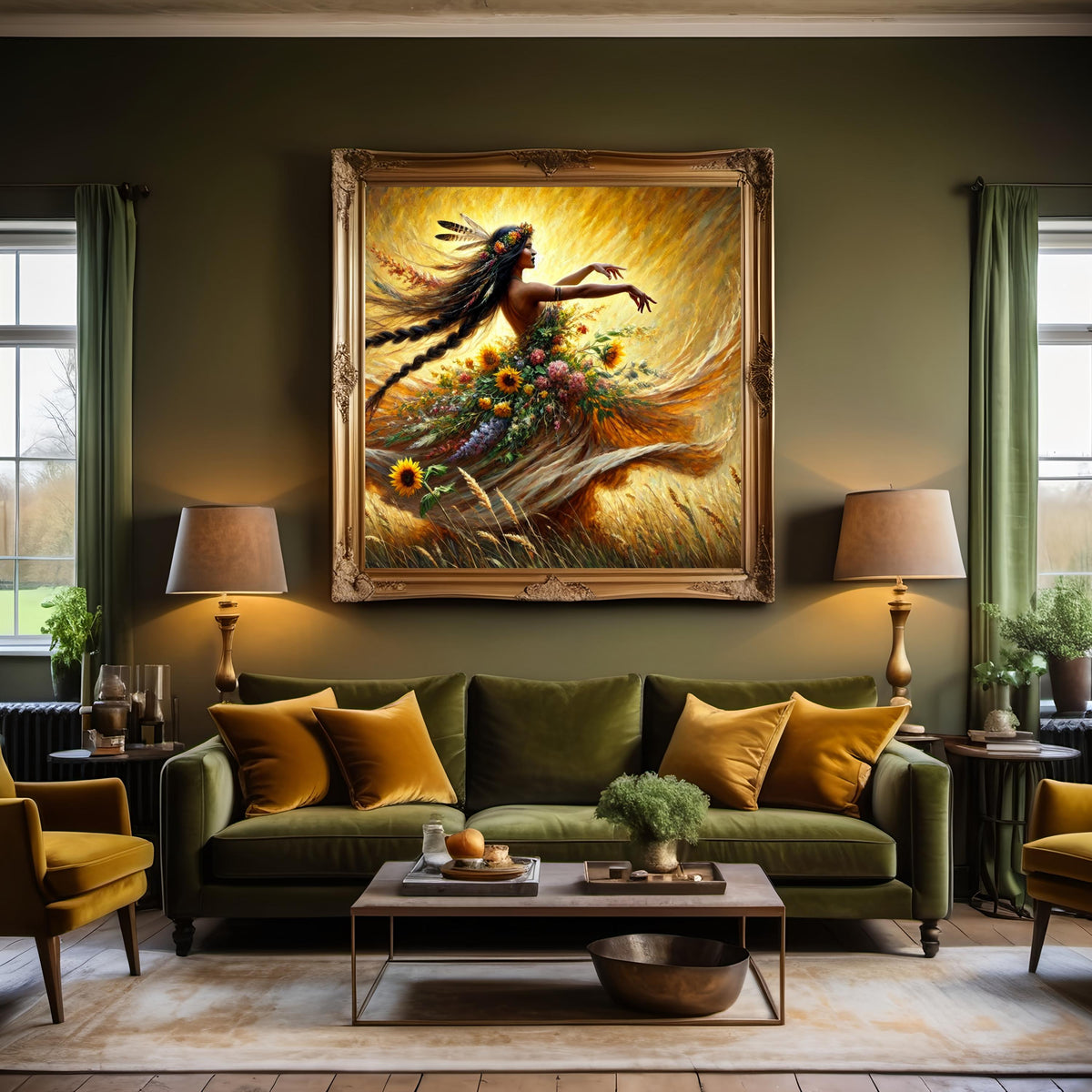 Spirit of the Harvest Art Print: Indigenous Autumn Goddess Dancing Golden Field Digital Art Download