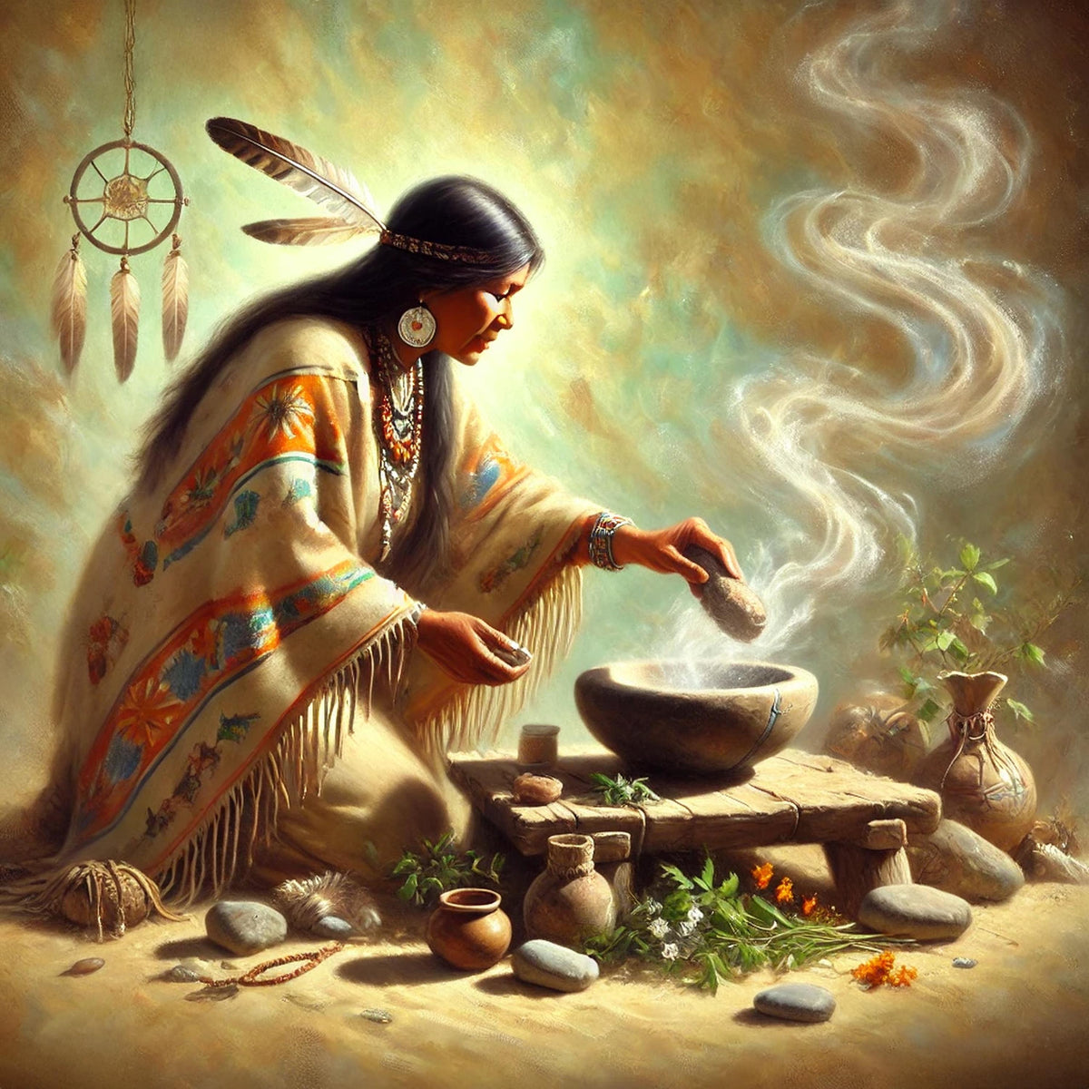 The Healer’s Offering: Indigenous Woman Healing Ritual Spiritual Wall Art Native Ceremony Painting Digital Download