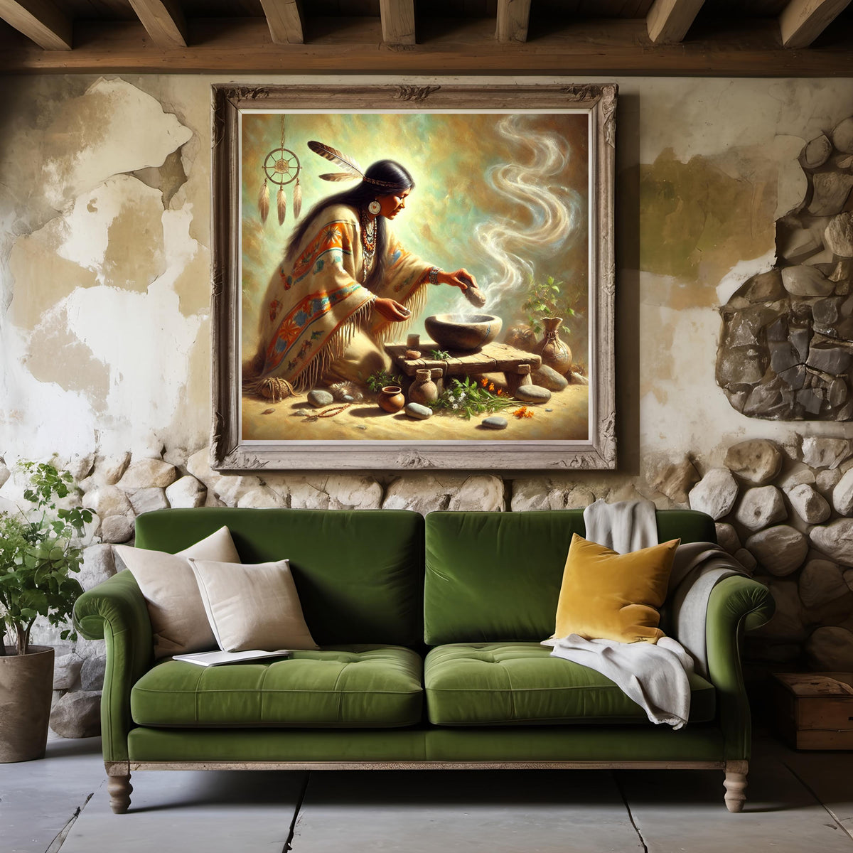 The Healer’s Offering: Indigenous Woman Healing Ritual Spiritual Wall Art Native Ceremony Painting Digital Download