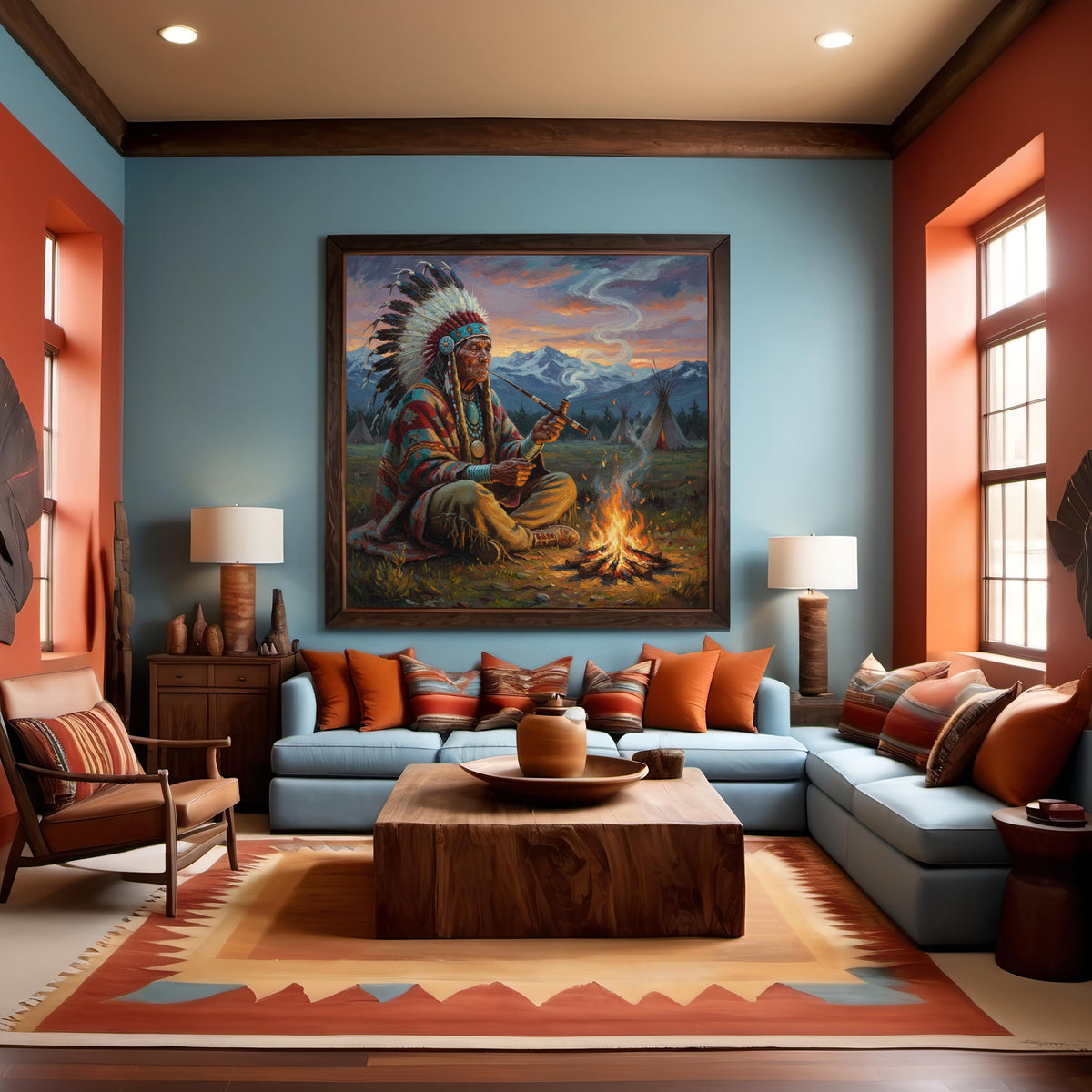 Sacred Fire Evening: Native American Elder Pipe Ceremony Mountain Camp Oil Painting Digital Art Vintage Home Decor (Digital Download)
