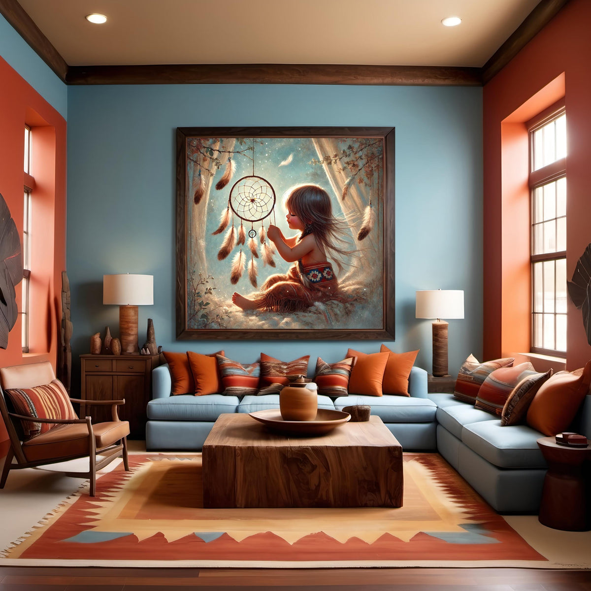 Native American Child Dreamcatcher Art: Whimsical Nursery Oil Painting Spiritual Baby Room Decor Digital Art Download
