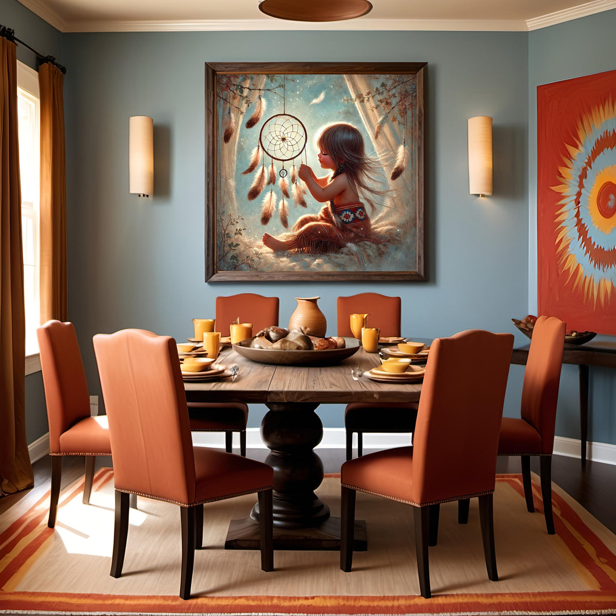 Native American Child Dreamcatcher Art: Whimsical Nursery Oil Painting Spiritual Baby Room Decor Digital Art Download