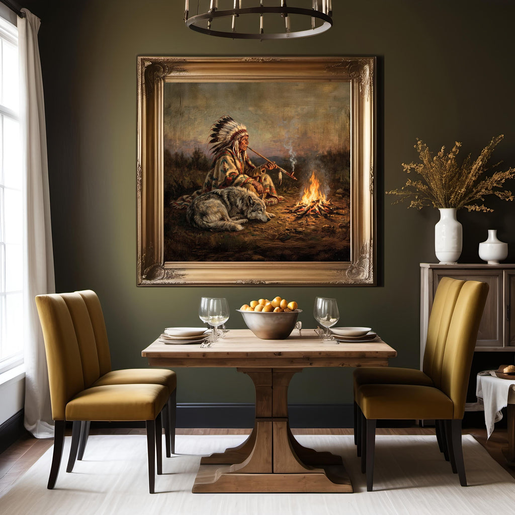 Native American Elder with Wolf Oil Painting: Spiritual Night Campfire Impressionist Wall Art Digital Download