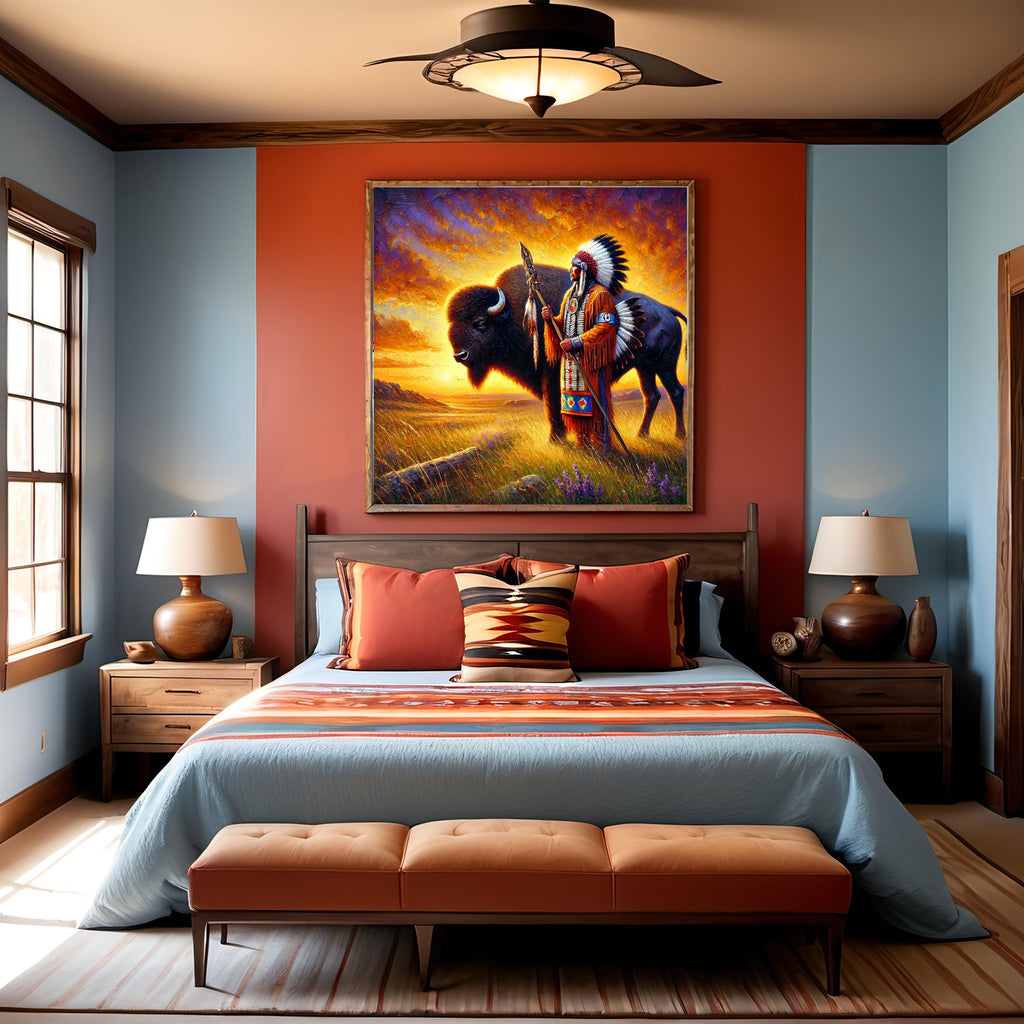 Native Elder and Buffalo Art: Spiritual Prairie Sunset (Digital Download)