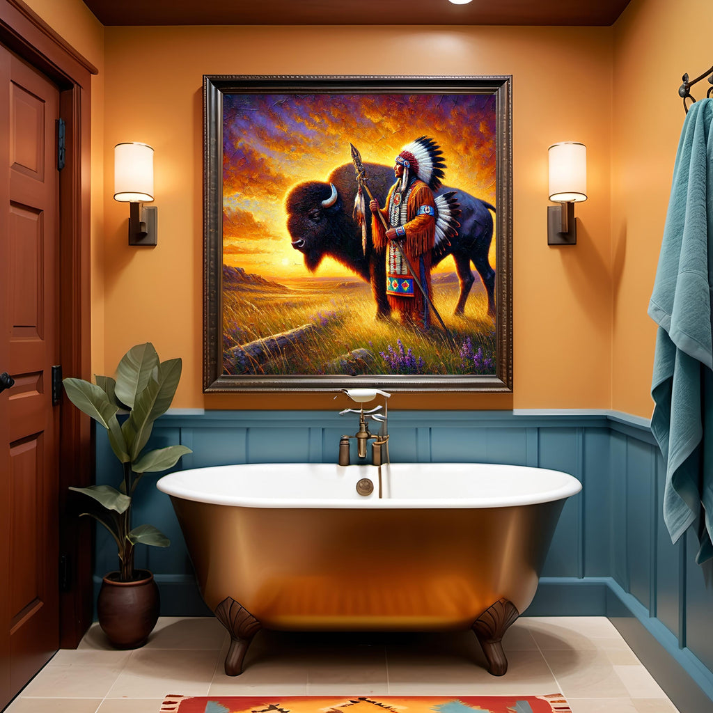 Native Elder and Buffalo Art: Spiritual Prairie Sunset (Digital Download)