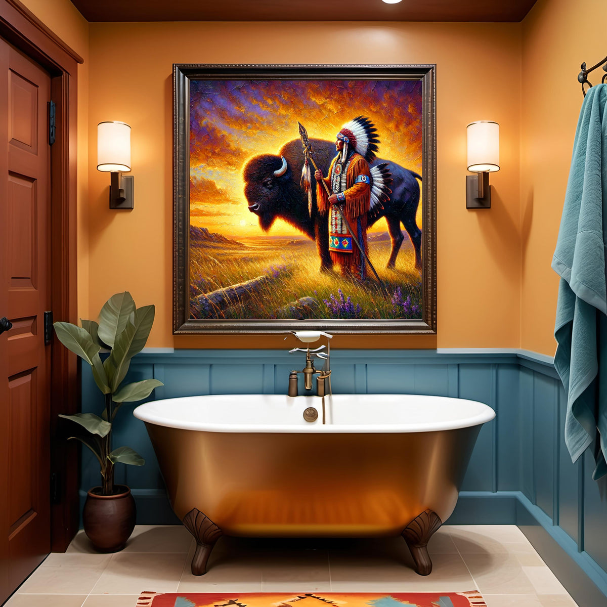 Native Elder and Buffalo Art: Spiritual Prairie Sunset (Digital Download)