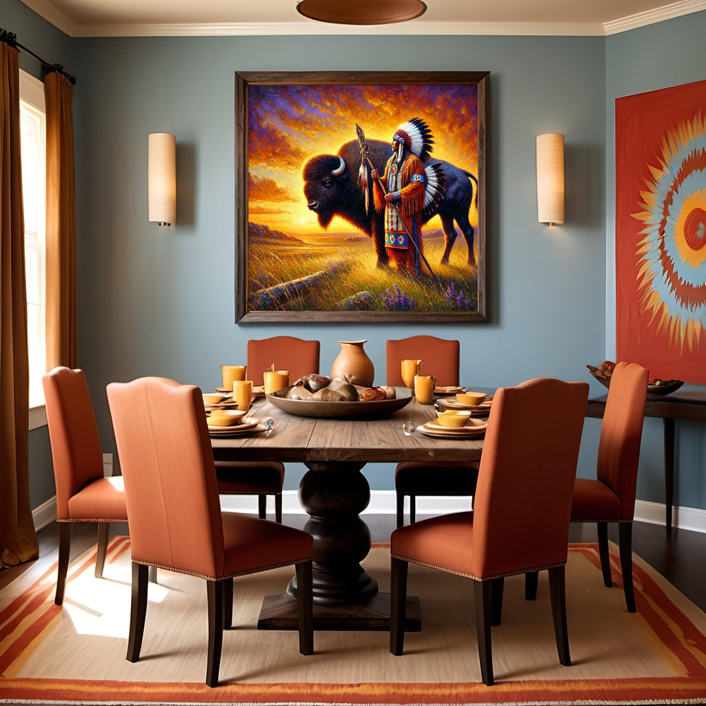 Native Elder and Buffalo Art: Spiritual Prairie Sunset (Digital Download)