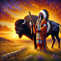 Native Elder and Buffalo Art: Spiritual Prairie Sunset (Digital Download)