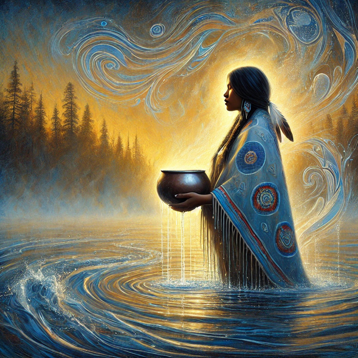 Indigenous Woman River Ceremony Art: Spiritual Portrait Print (Digital Download)