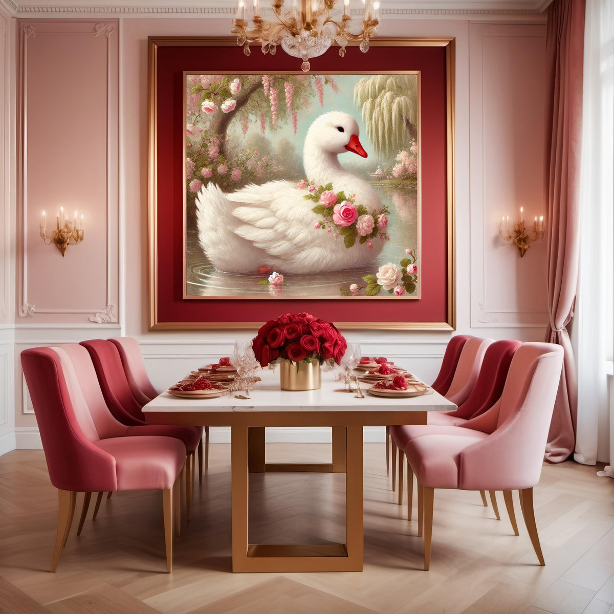 Vintage Swan Goose Painting, Rose Pond Cottagecore Art (Digital Download)