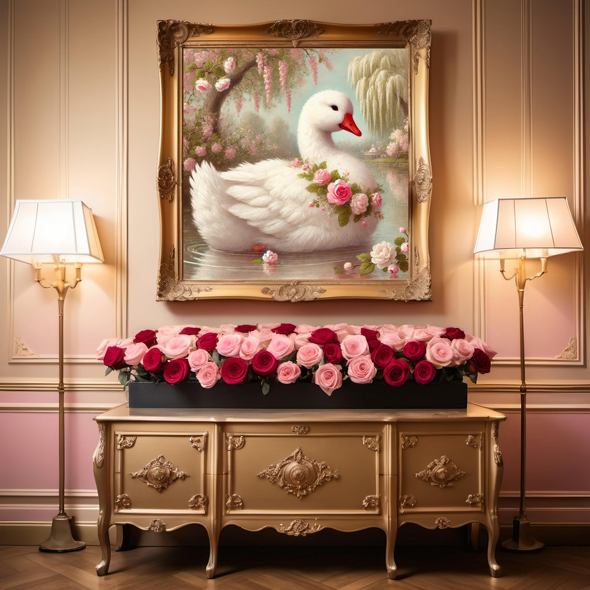 Vintage Swan Goose Painting, Rose Pond Cottagecore Art (Digital Download)