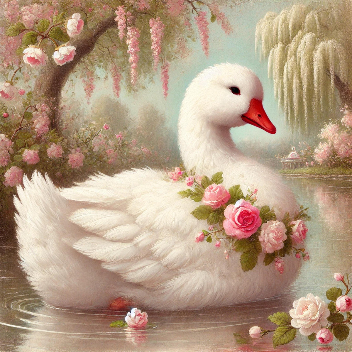 Vintage Swan Goose Painting, Rose Pond Cottagecore Art (Digital Download)