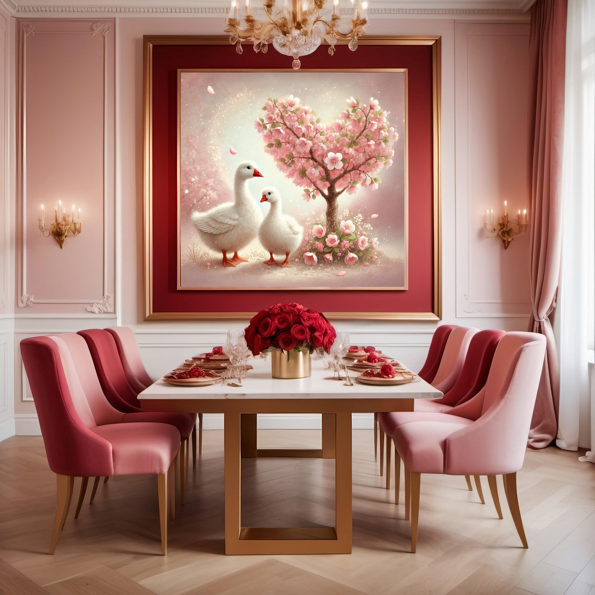 Goose Valentine Art Print | Pink Blossom Tree, Romantic Nursery (Digital Download)