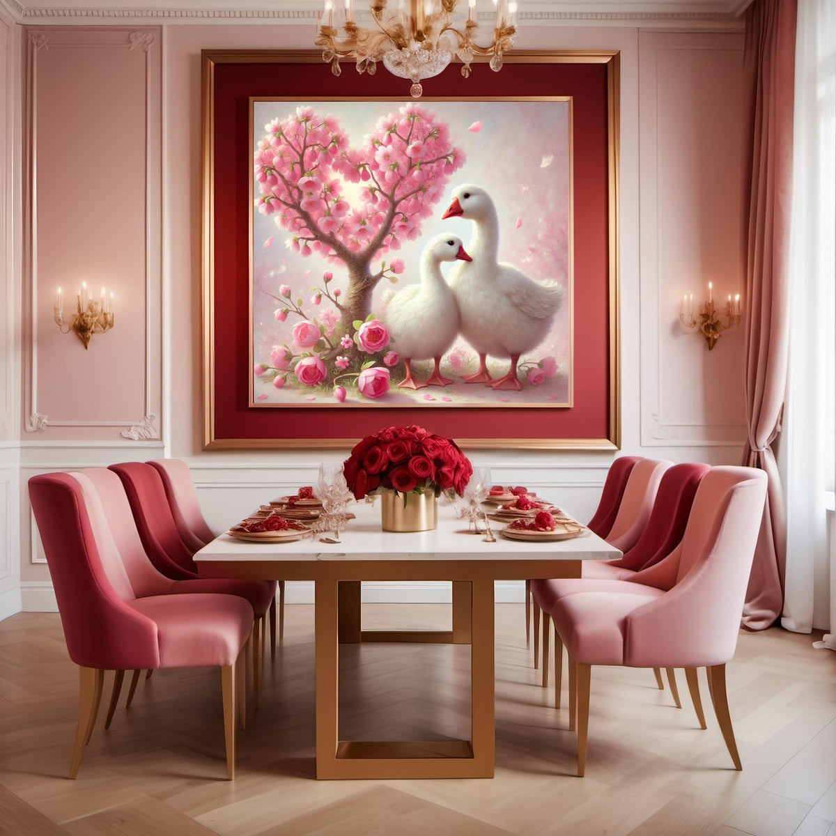 Goose Couple Art Print | Pink Blossom Tree, Romantic Nursery (Digital Download)