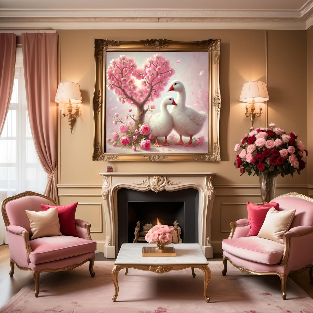 Goose Couple Art Print | Pink Blossom Tree, Romantic Nursery (Digital Download)