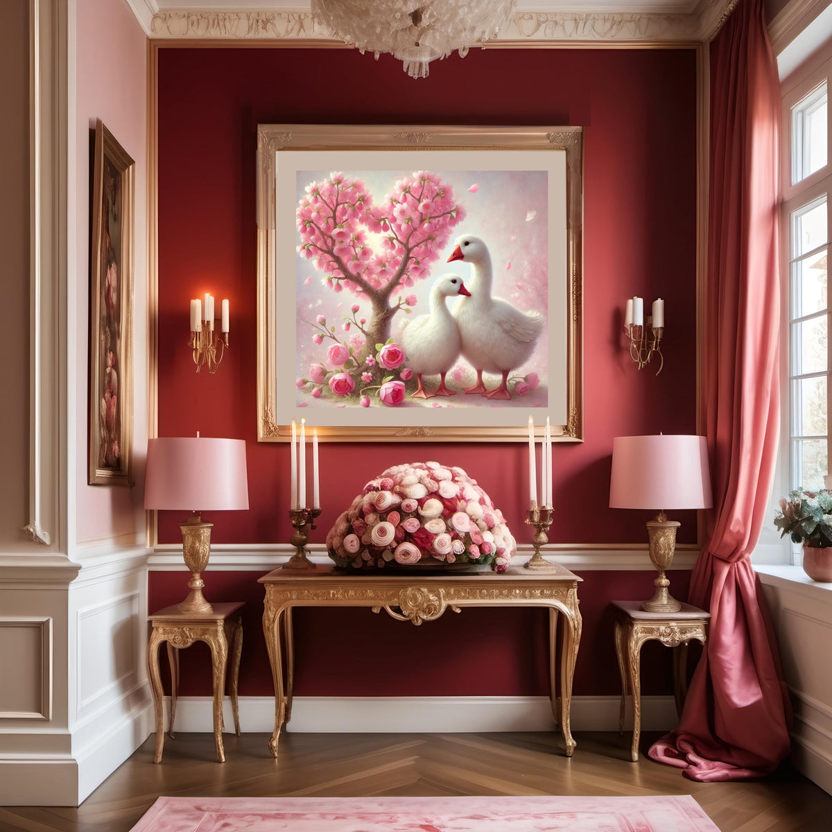 Goose Couple Art Print | Pink Blossom Tree, Romantic Nursery (Digital Download)